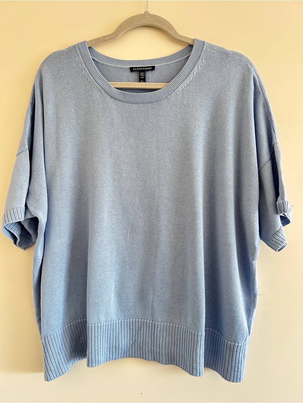 Eileen Fisher Blue Cotton Short-Sleeve Knit Sweater, Size L
